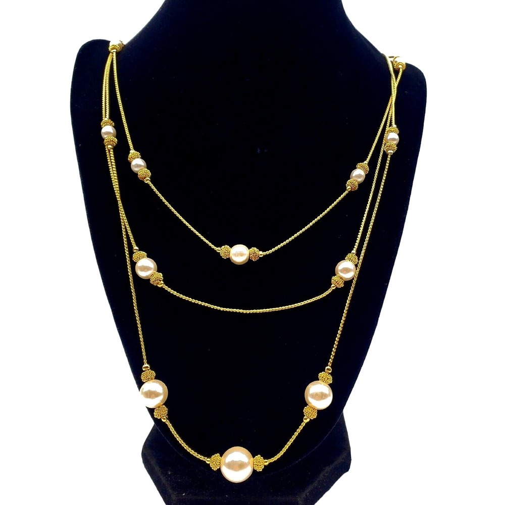 Layered Triple Strand Necklace Gold Beads & Faux Pearl‎ Chain Stackable Vintage